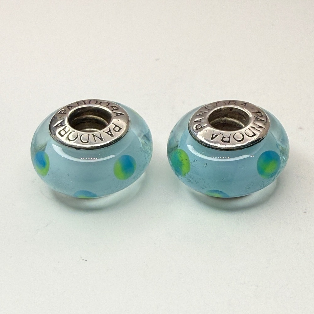 Pandora Aqua Polka Dot Murano Glass Charm Pair – Retired